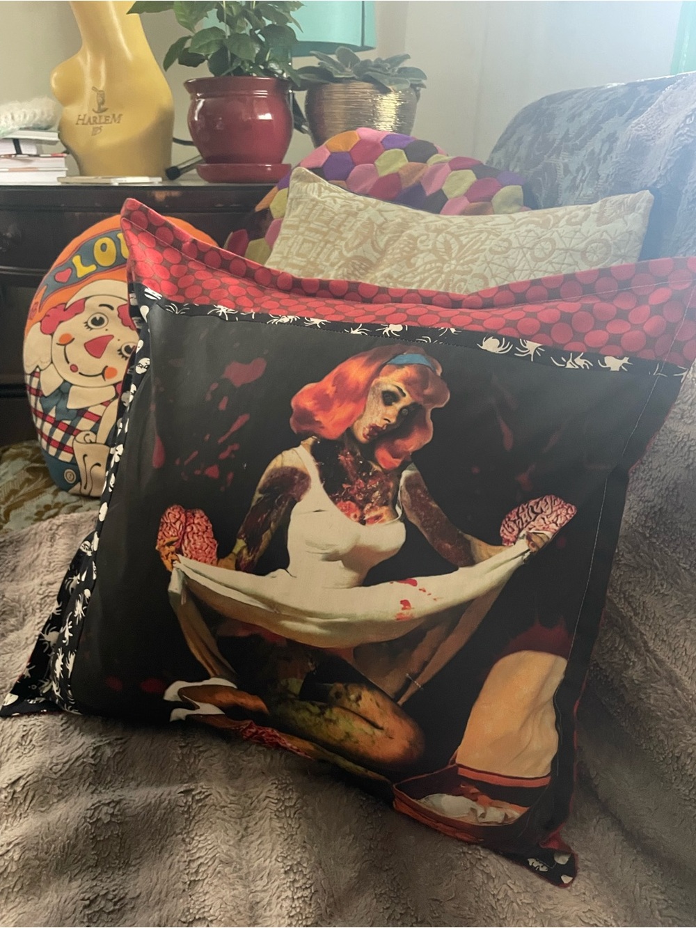 Zombie Horror Pillow Cover Black and Red Decorative Throw Halloween Pin Up 16x16
